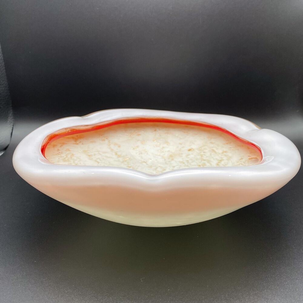 Vintage Murano Sommerso Ashtray Bowl Dish Gold Aventurine Spiral White Red MCM